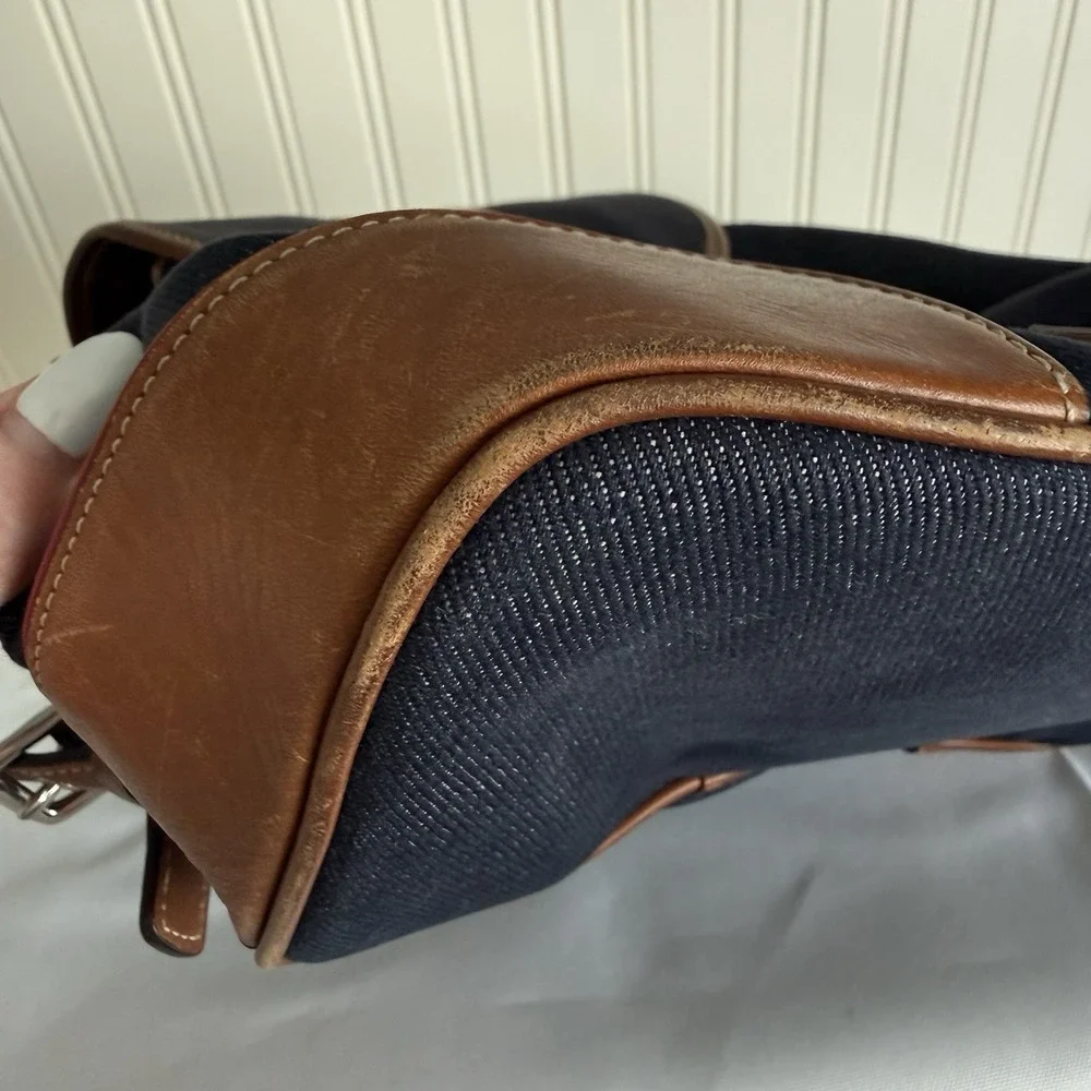 Vintage Coach Denim Blue Chambray Red Brown Leather Trim Backpack Purse 2004